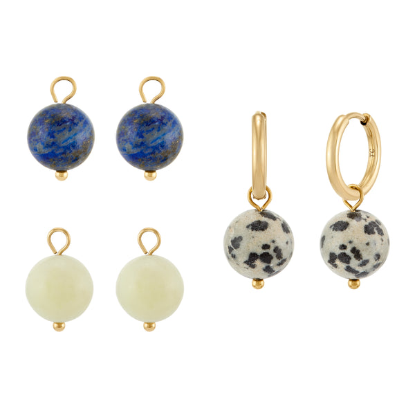 Set of gold earrings with various stone beads on a white background Cléo Hoops - Gold