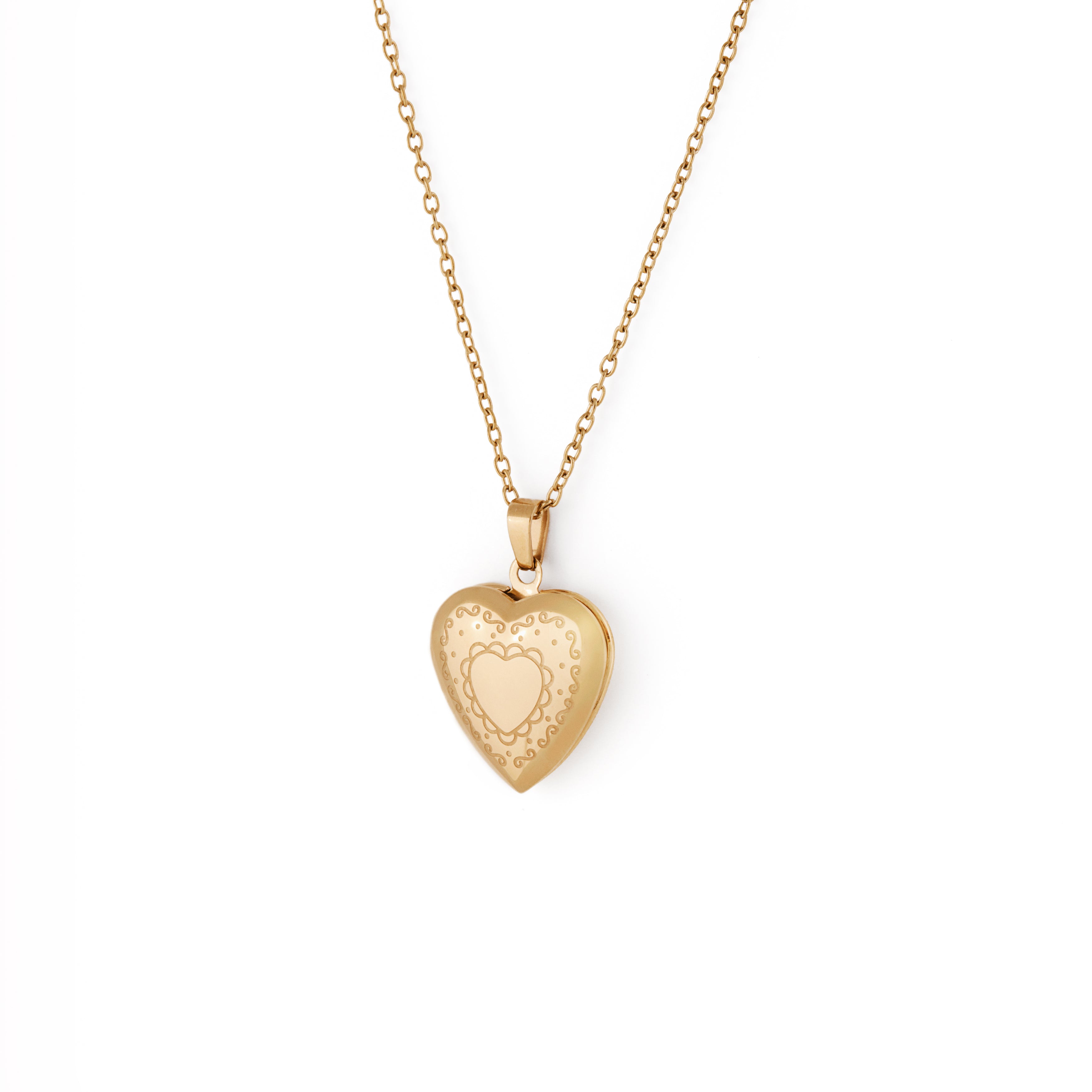 A gold heart-shaped locket necklace on a gold chain.
