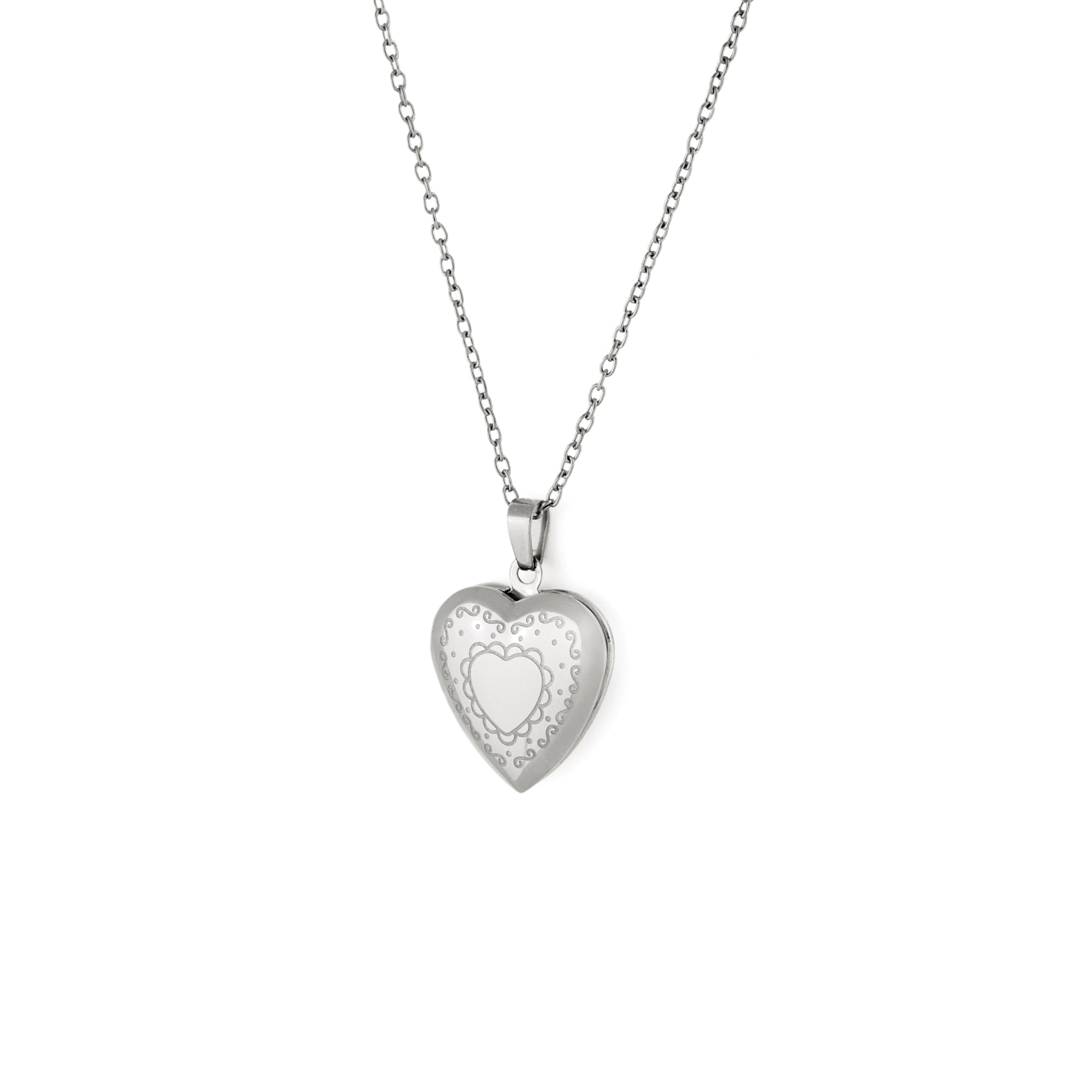 A silver heart-shaped locket necklace on a gold chain.