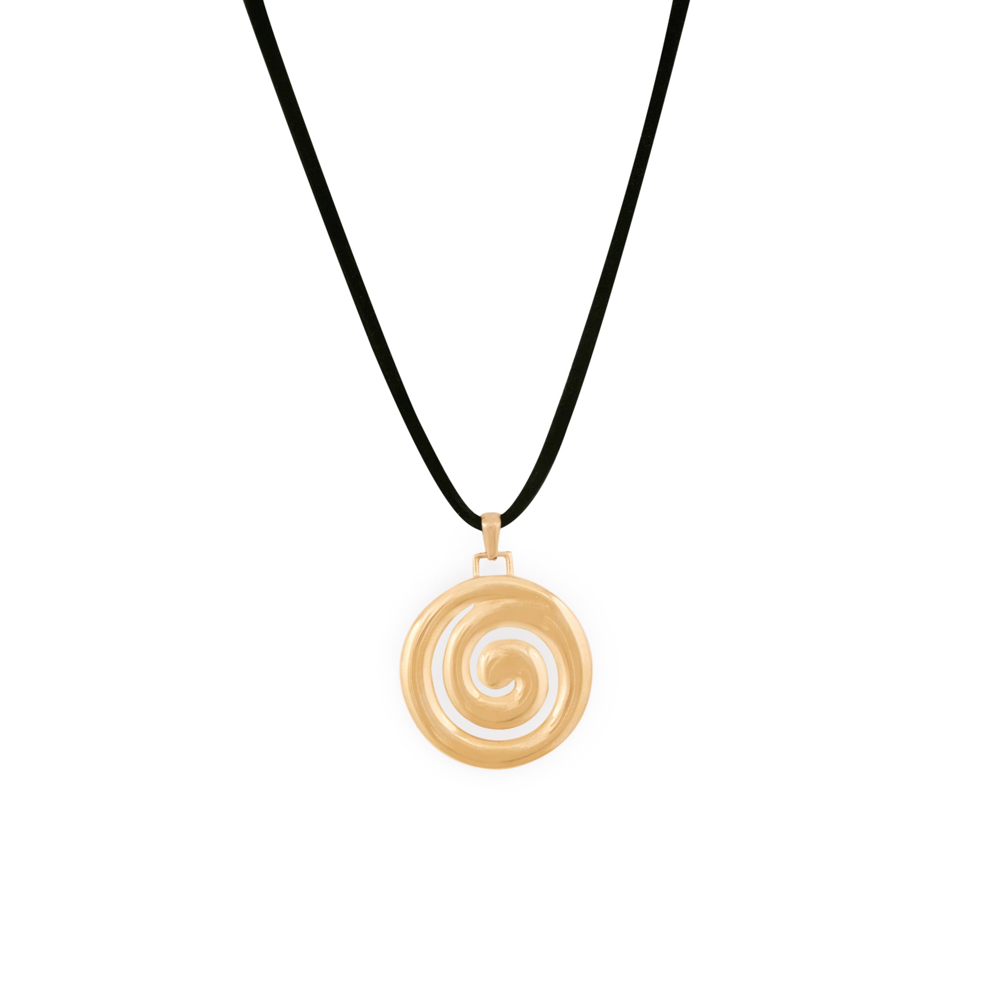 A gold-colored spiral pendant necklace on a black faux suede cord.