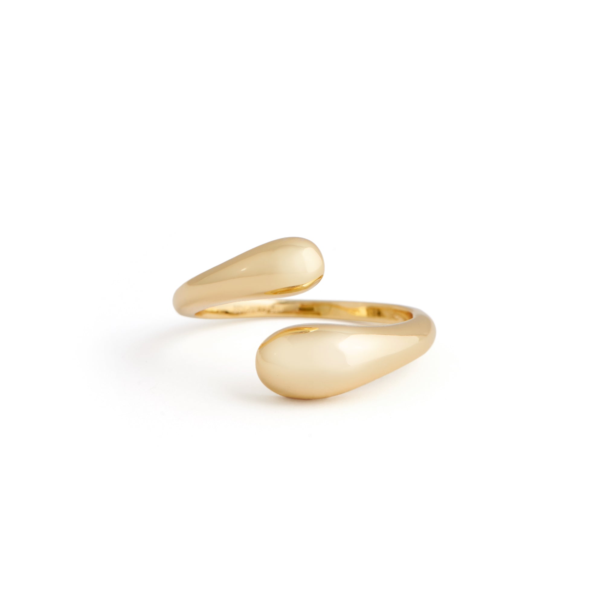 A gold-colored double dome ring on a white background