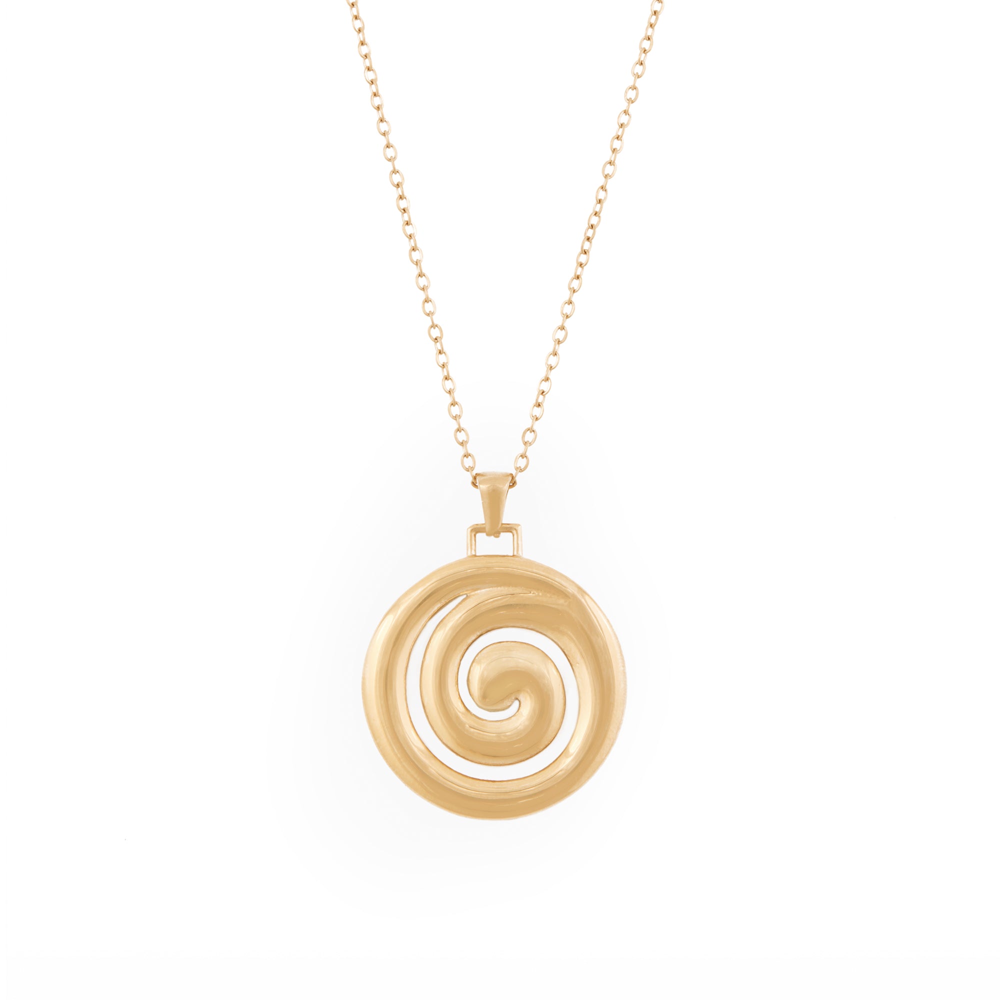 A gold necklace with a spiral-shaped pendant on a chain.