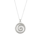 A silver necklace with a spiral-shaped pendant on a chain.