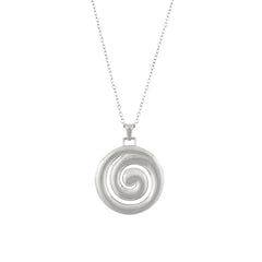 A silver necklace with a spiral-shaped pendant on a chain.