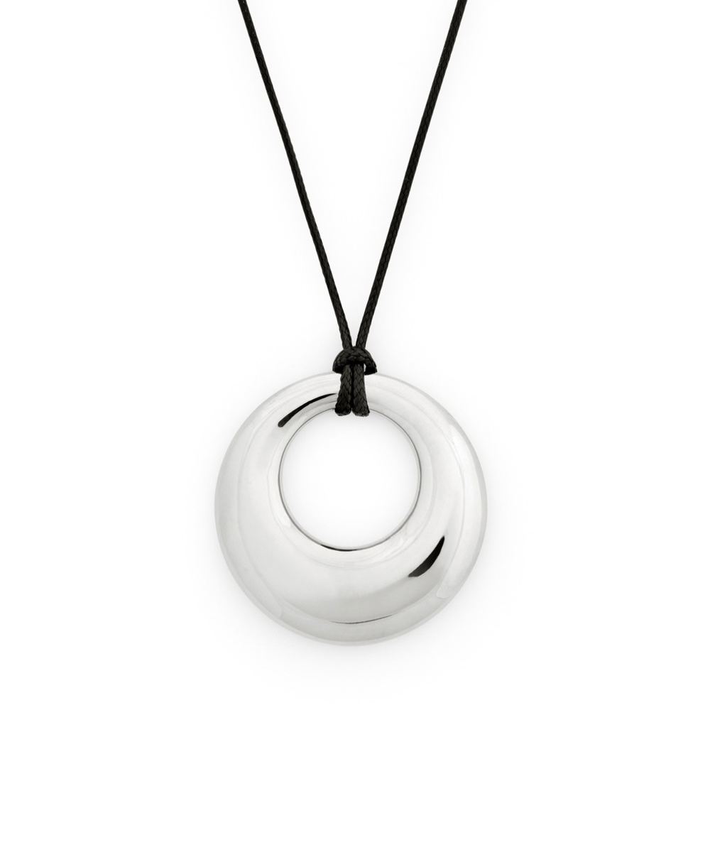 A polished silver-toned circular pendant necklace on a black cord, shown against a plain white background.
