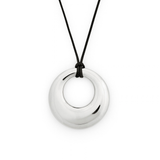 A polished silver-toned circular pendant necklace on a black cord, shown against a plain white background.