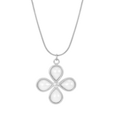A silver necklace with a flower-shaped pendant featuring faux pearl detailing on a simple chain.
