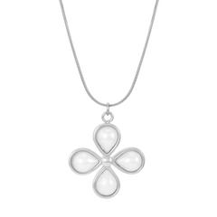 A silver necklace with a flower-shaped pendant featuring faux pearl detailing on a simple chain.