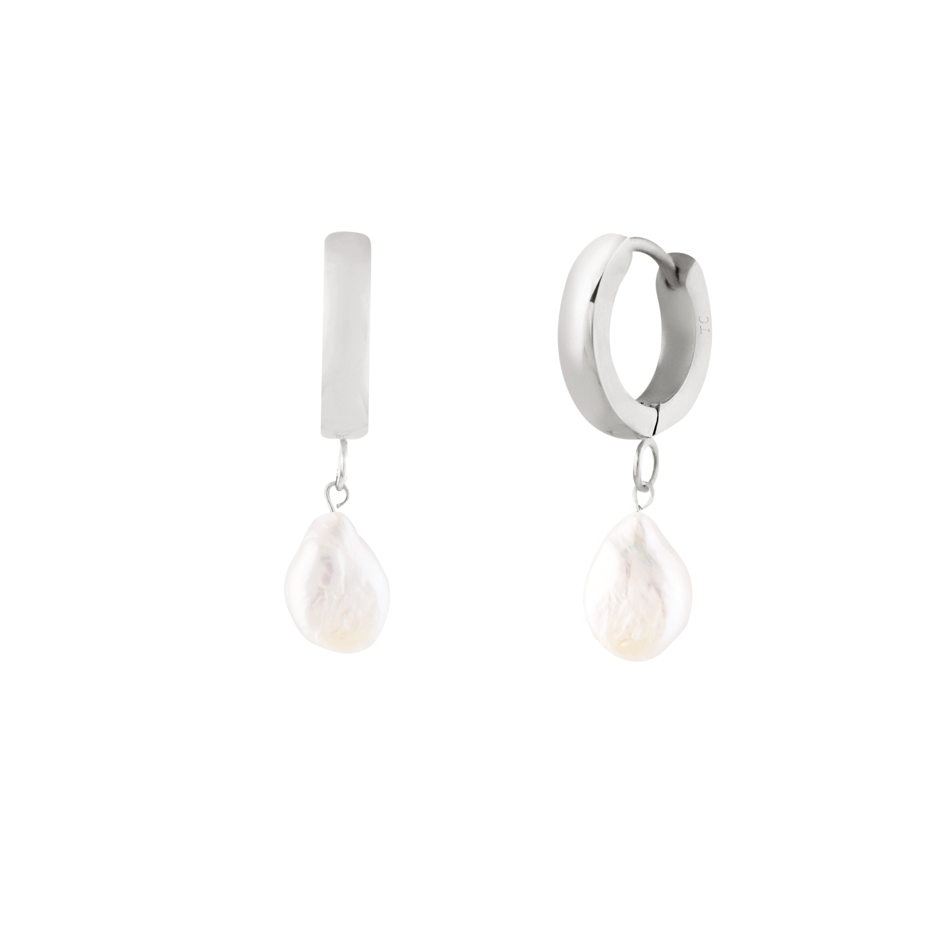 A pair of silver hoop earrings with freshwater pearl pendants.