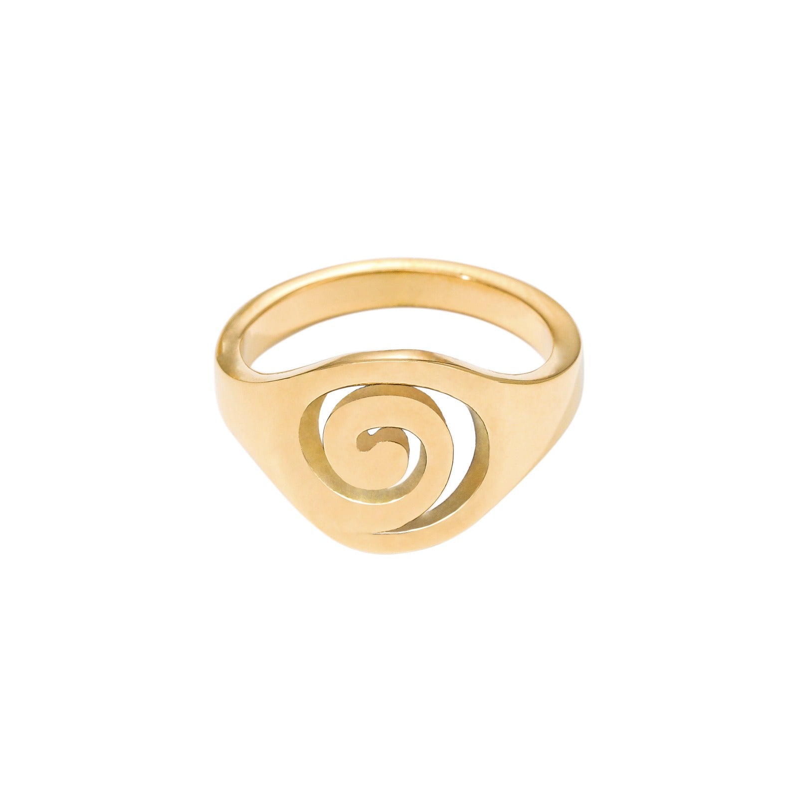 A gold-colored ring with a unique spiral design.