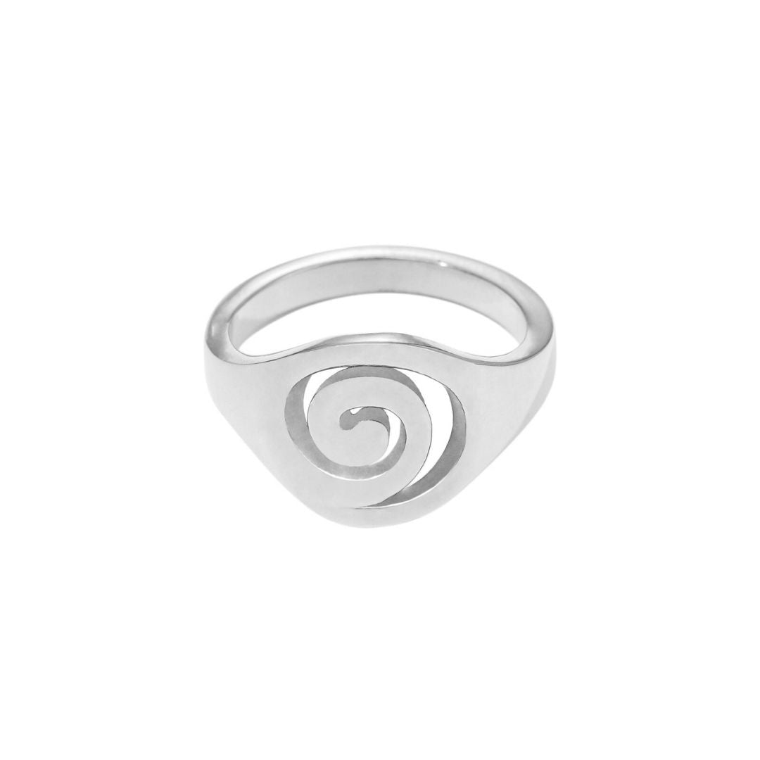 A silver ring with a unique spiral design, displayed against a white background.