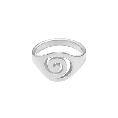 A silver ring with a unique spiral design, displayed against a white background.