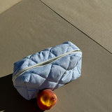 Twenty Compass Coastal Breeze Travel Pouch: A light blue and white striped, quilted travel pouch with a white zipper