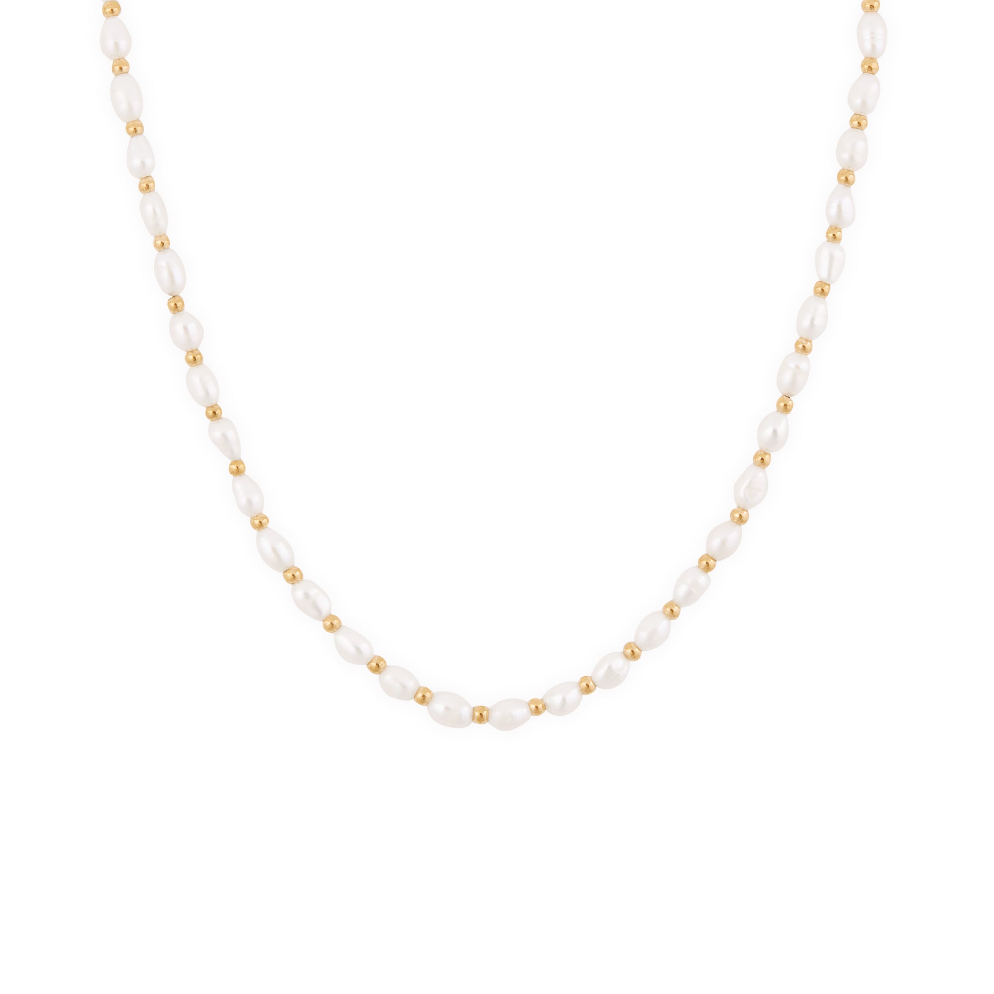 A gold-colored necklace featuring freshwater pearls and small gold beads, designed to rest high on the neckline.