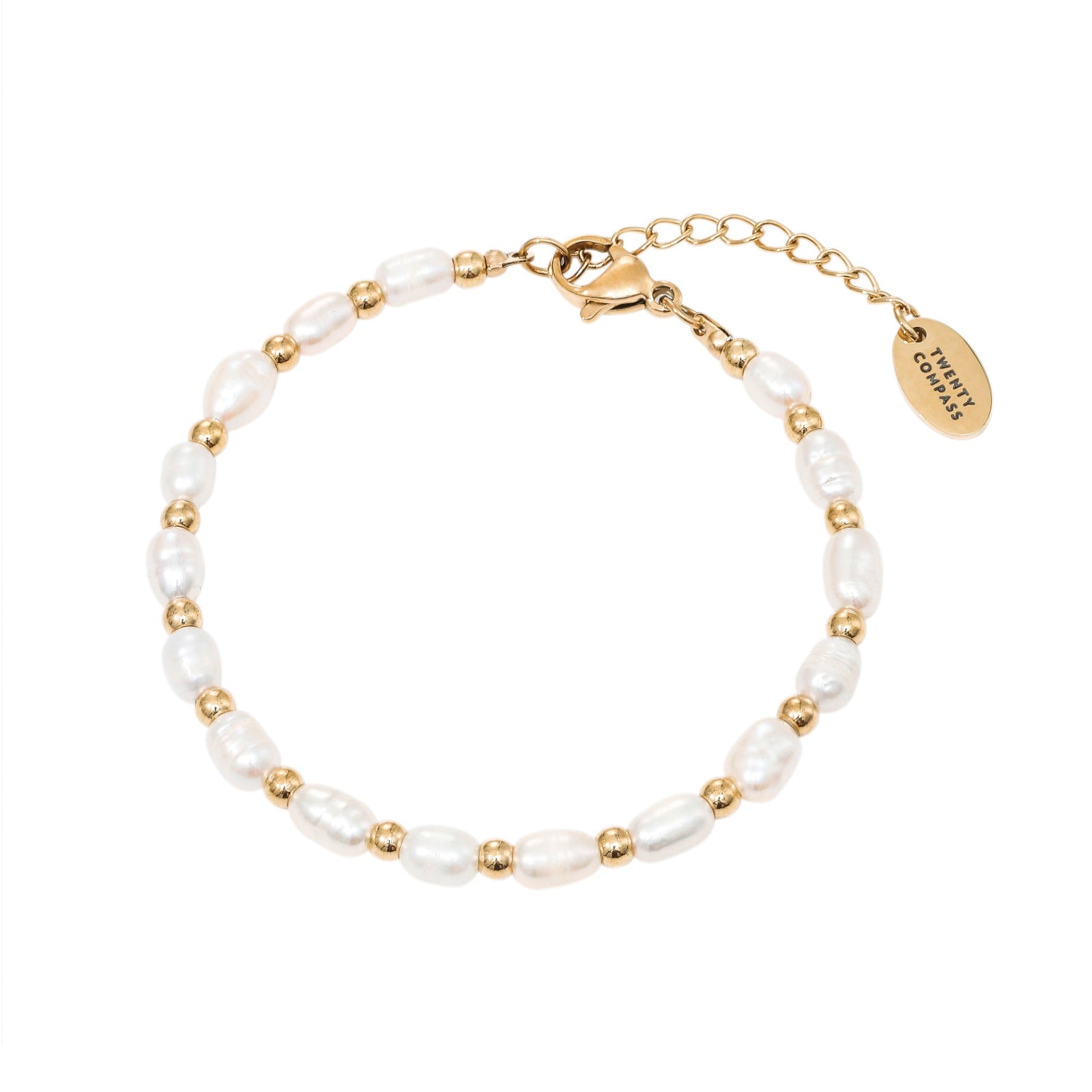A gold-colored bracelet featuring white pearls and gold beads, with a gold clasp.
