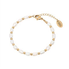 A gold-colored bracelet featuring white pearls and gold beads, with a gold clasp.
