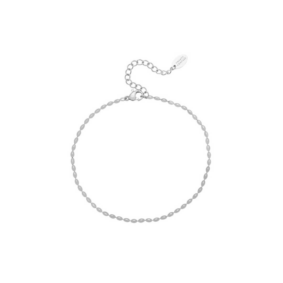 Silver beaded chain anklet on a white background