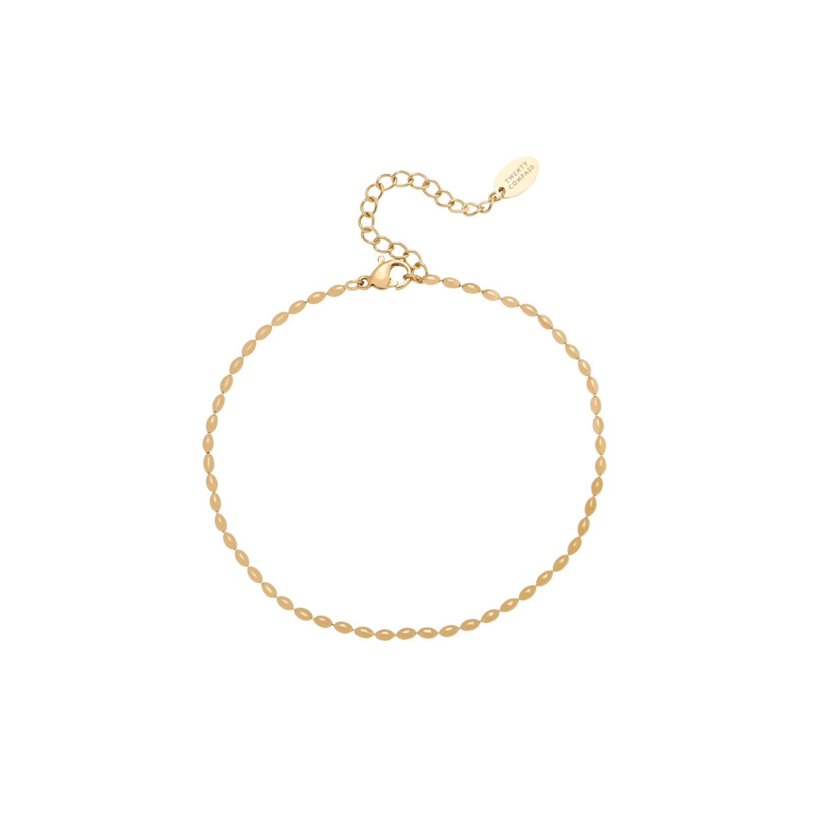 Gold beaded chain anklet on a white background
