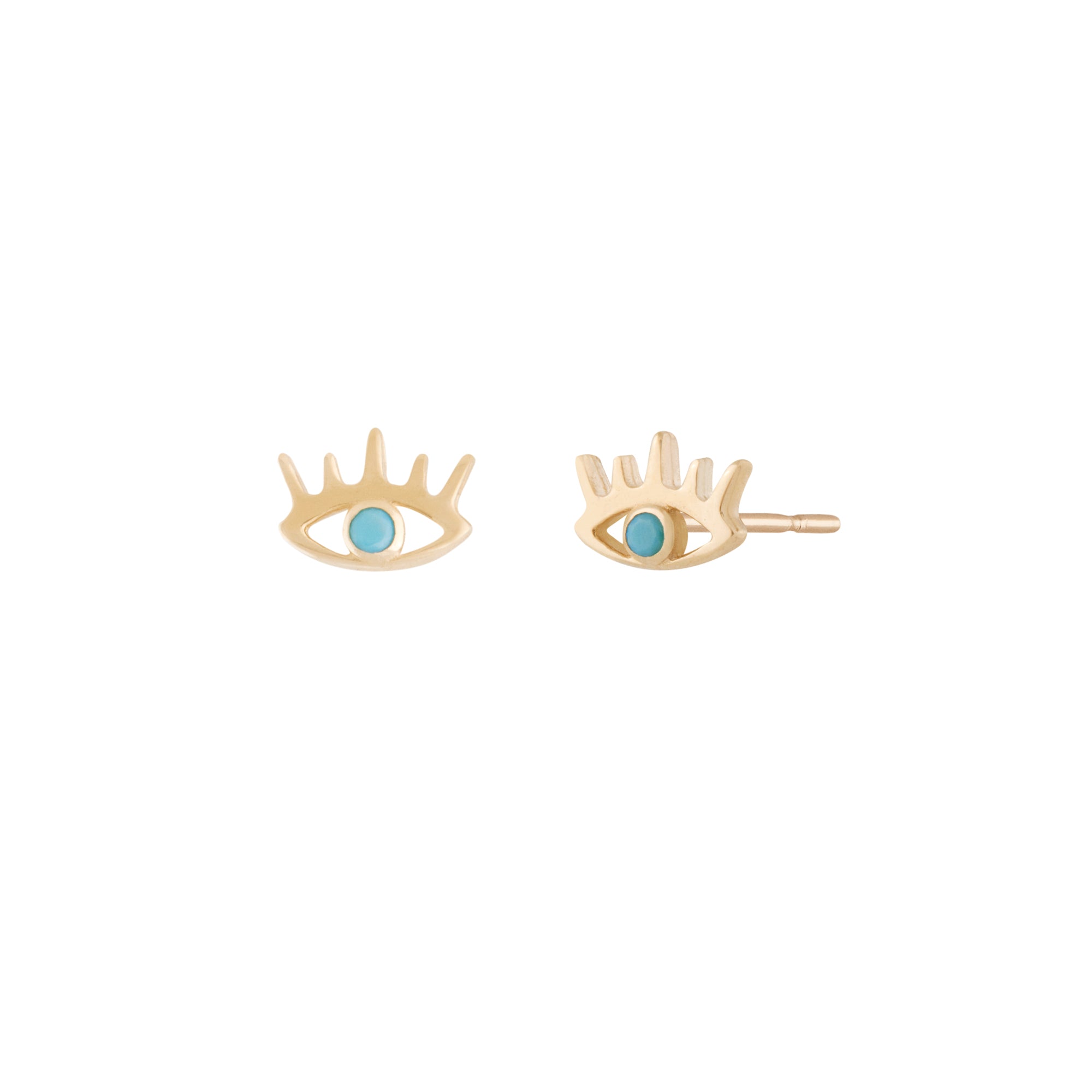A pair of 10 karat gold stud earrings in the shape of eyes, adorned with a turquoise stone.
