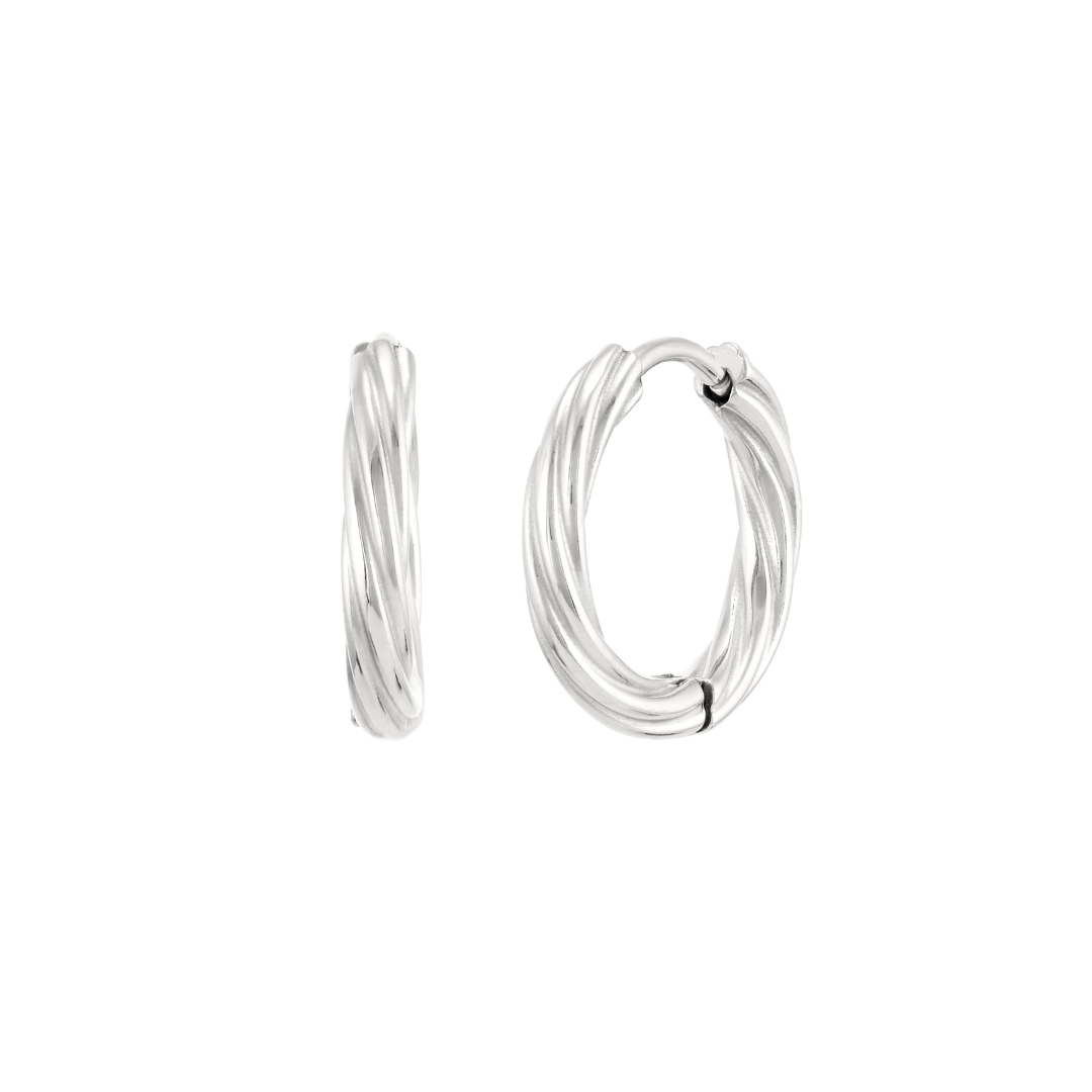 Pair of silver huggie hoop earrings featuring a polished twisted rope design, isolated on a white background.