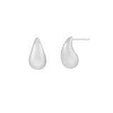 A pair of silver, teardrop-shaped earrings on a white background.