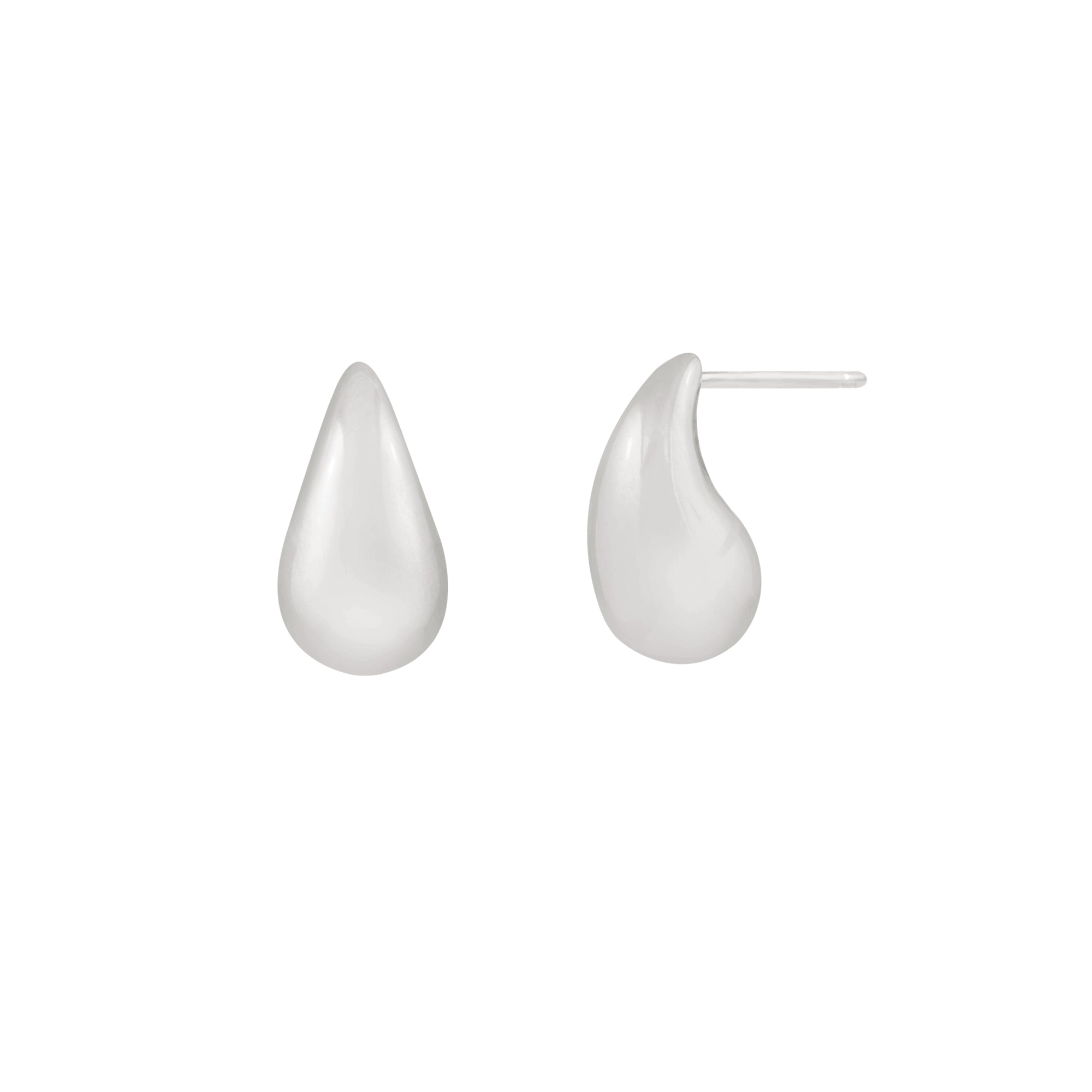 A pair of silver, teardrop-shaped earrings on a white background.