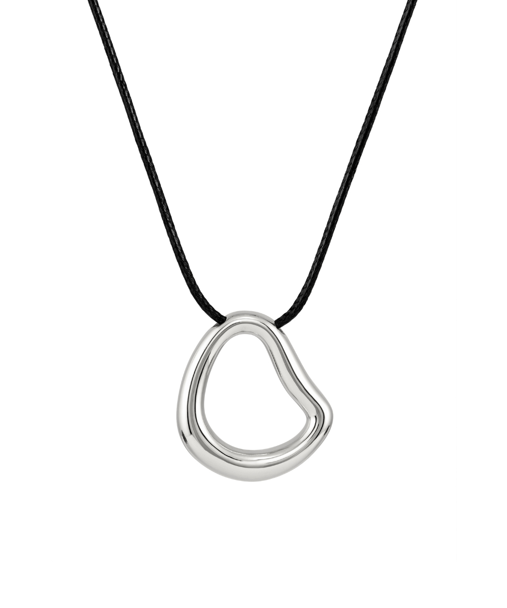 A modern necklace with an irregular, organic-shaped polished silver open-loop pendant suspended from a simple black cord, isolated on a white background.
