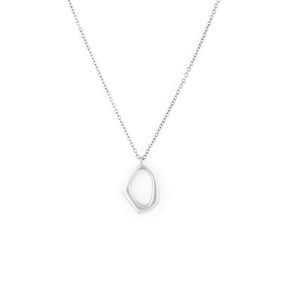 A silver necklace with a dainty organic shaped pendant on a delicate chain.