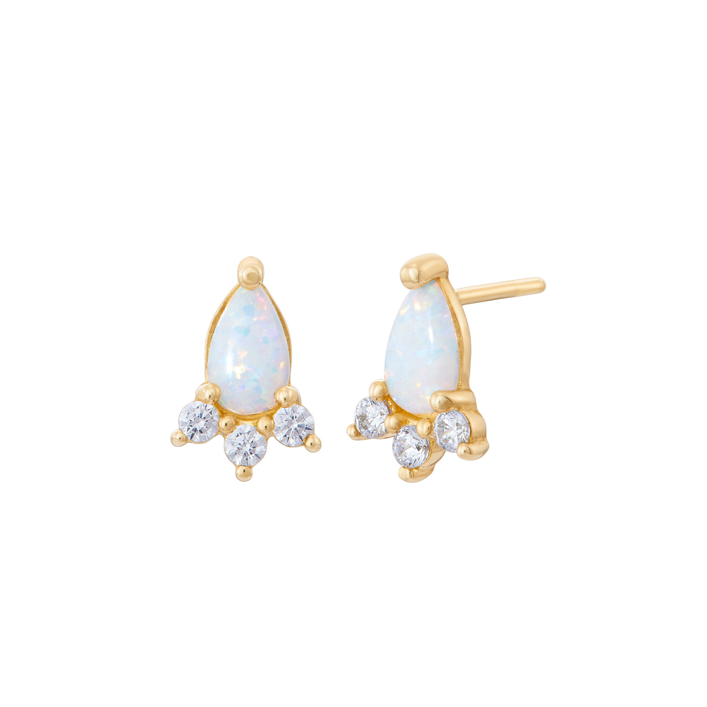Pair of gold stud earrings featuring a teardrop-shaped opal center and three small cubic zirconia stones clustered below Boucles d'Oreilles Opale - Or 10 Carats