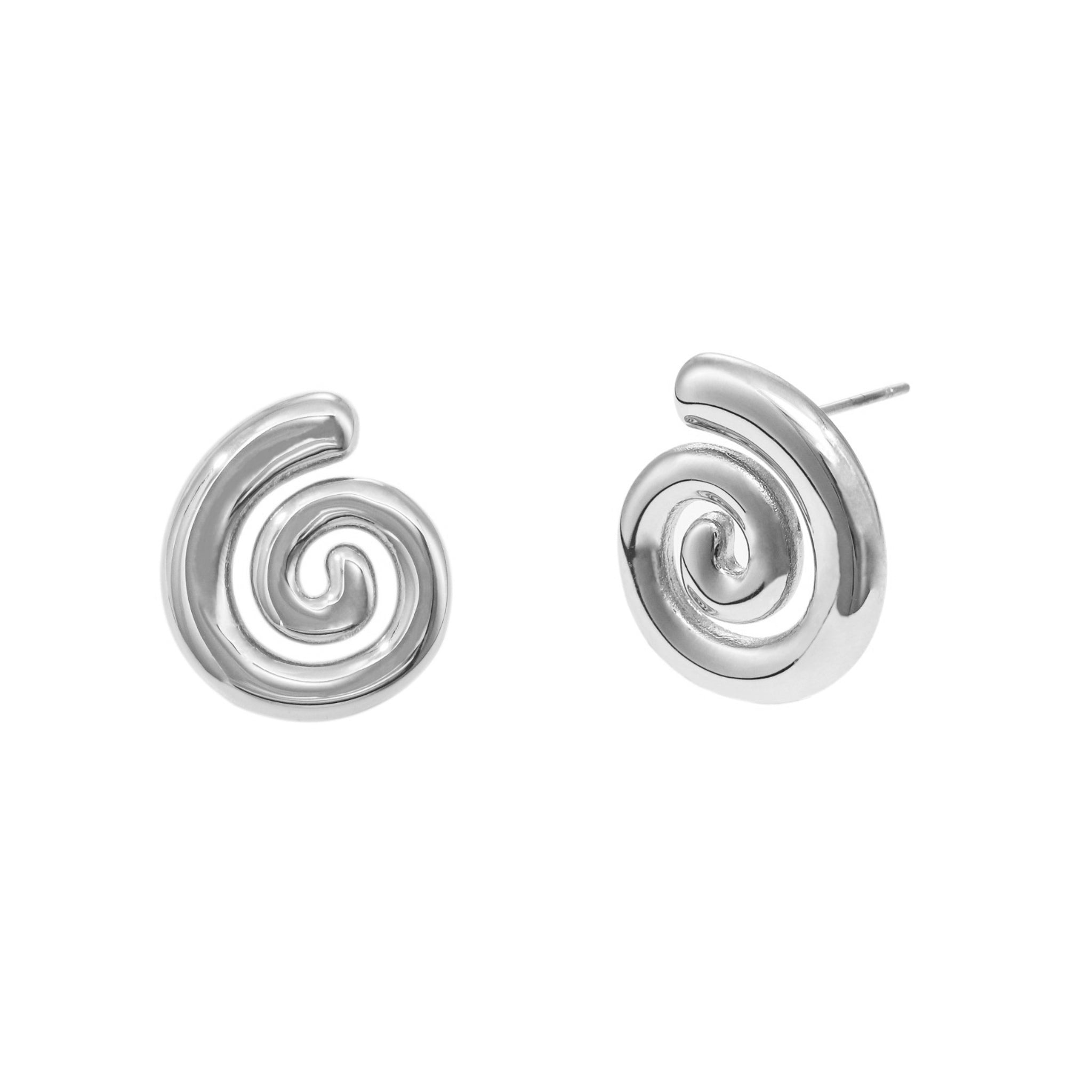 A pair of silver stud earrings with a spiral design.