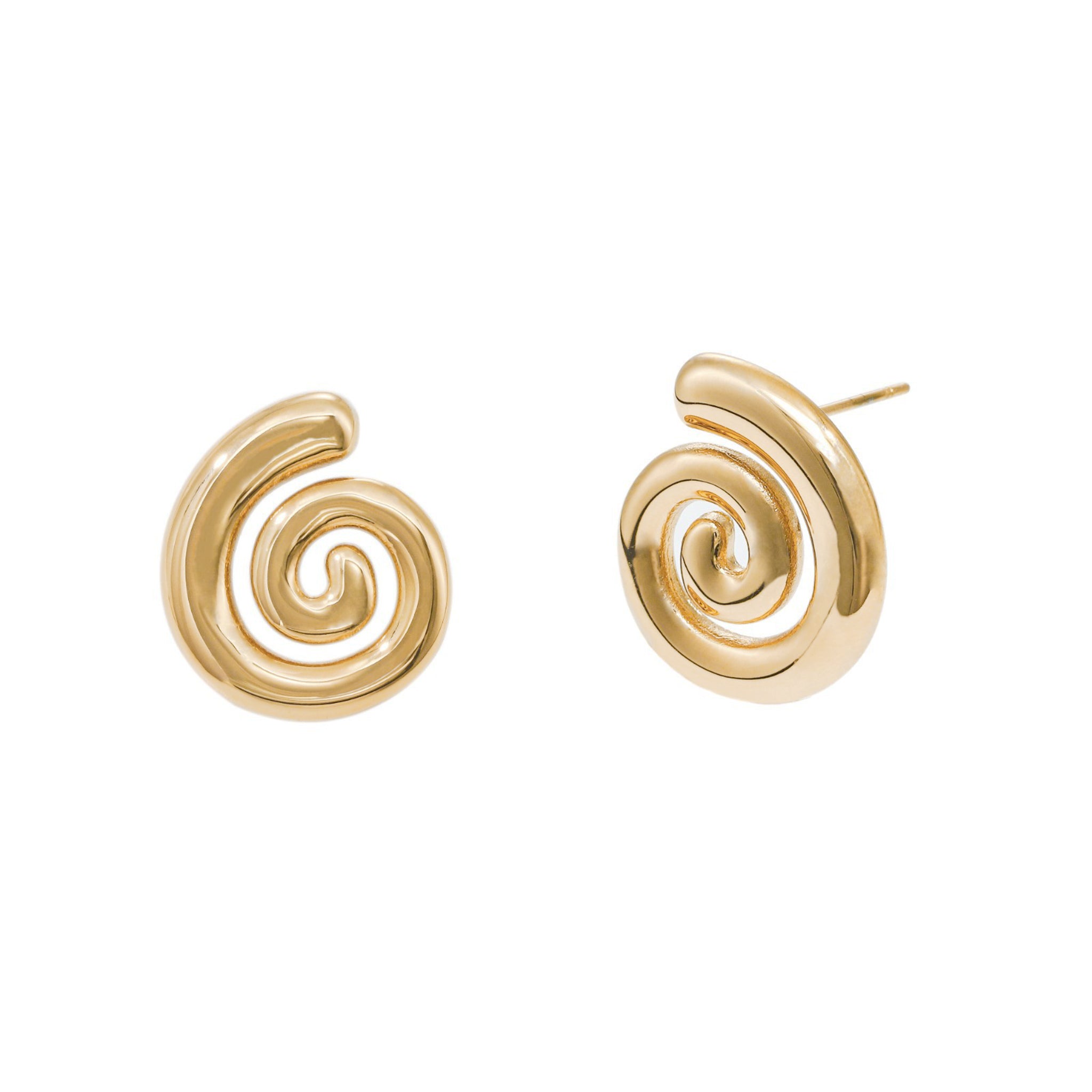 A pair of gold-colored, vintage-inspired stud earrings with a spiral design.