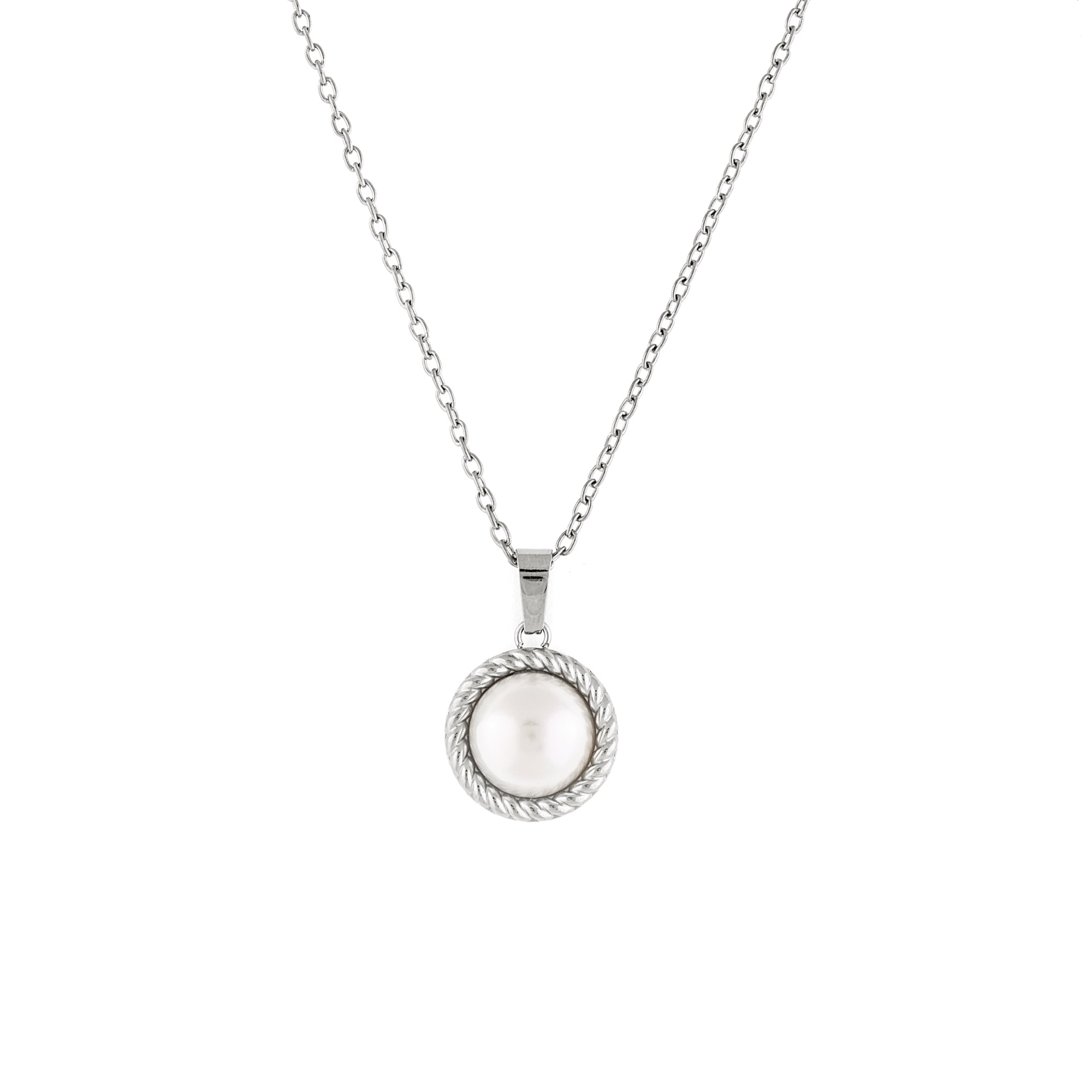 A silver necklace with a vintage inspired freshwater pearl pendant on a minimalist chain.
