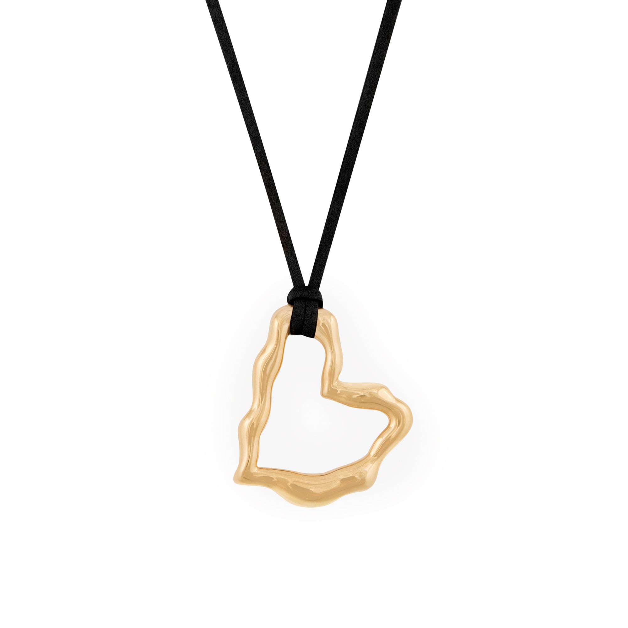 A gold heart-shaped pendant necklace on a black vegan suede cord.