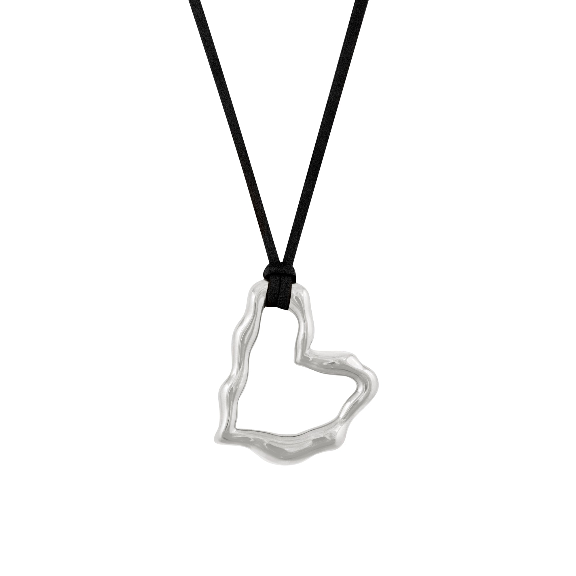 A silver heart-shaped pendant necklace on a black vegan suede cord.
