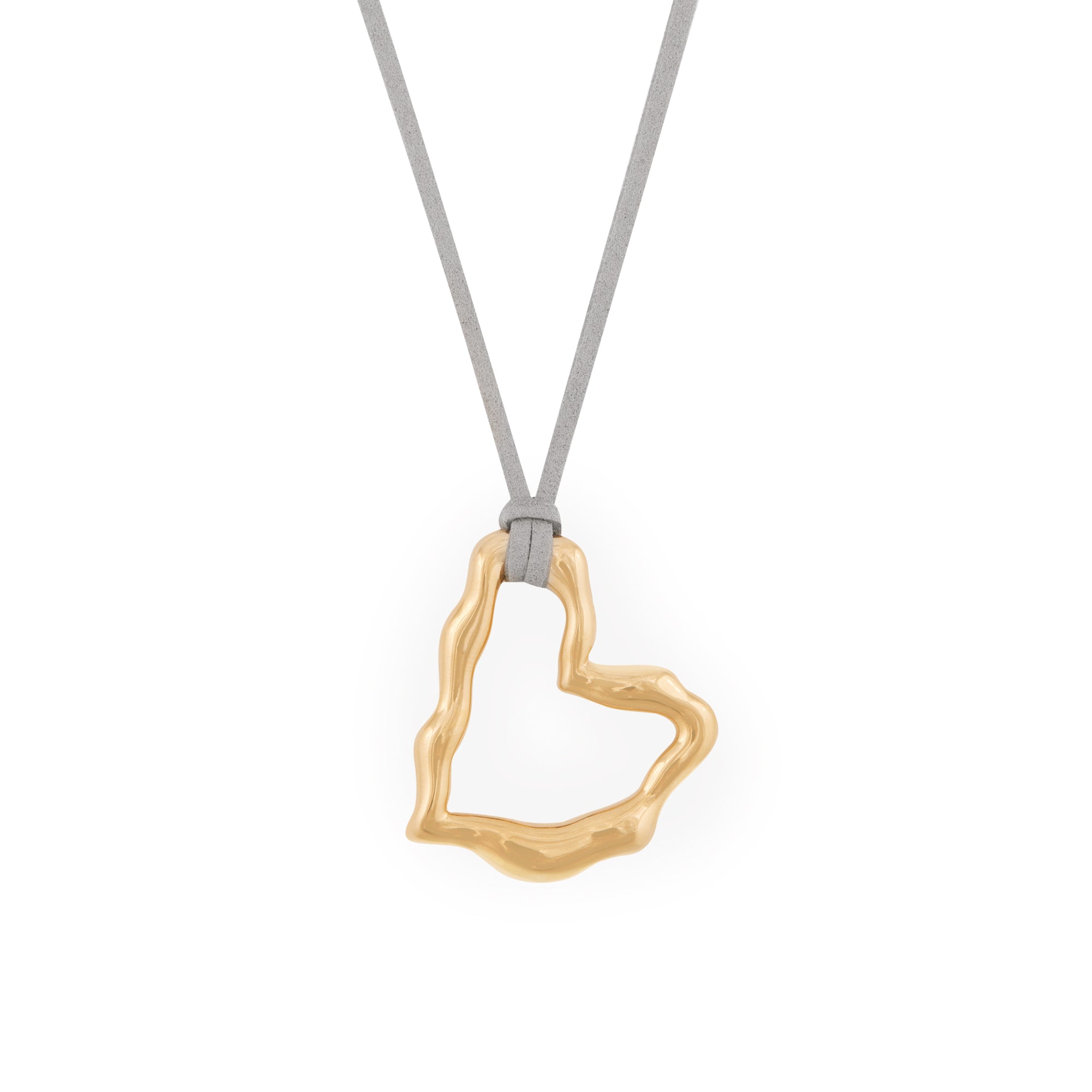 A gold heart-shaped pendant necklace on a gray vegan suede cord.