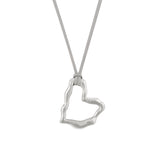 A silver heart-shaped pendant necklace on a gray vegan suede cord.
