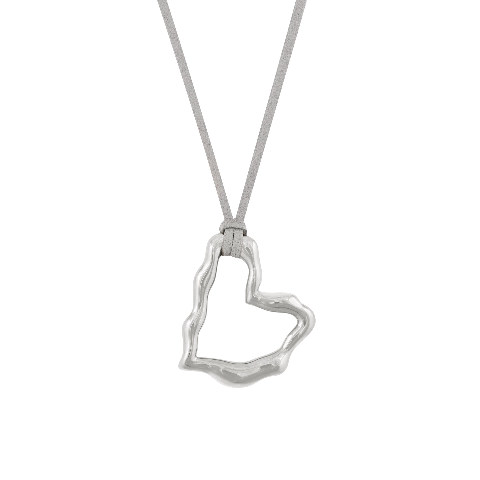 A silver heart-shaped pendant necklace on a gray vegan suede cord.