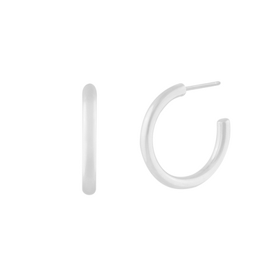 A pair of silver hoop earrings on a white background.