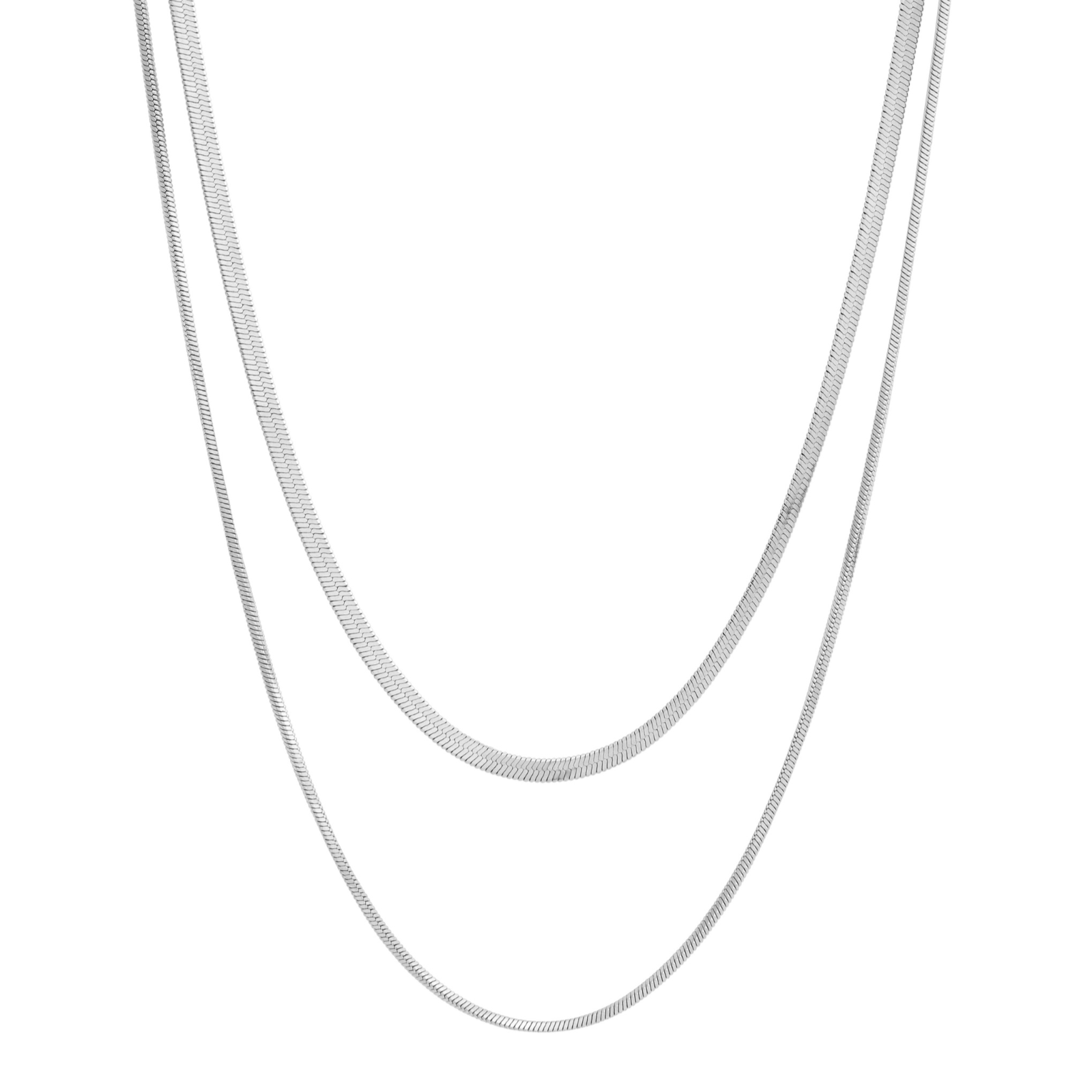 Two silver herringbone chain necklaces, one slightly longer than the other, laid vertically against a white background