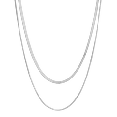 Two silver herringbone chain necklaces, one slightly longer than the other, laid vertically against a white background