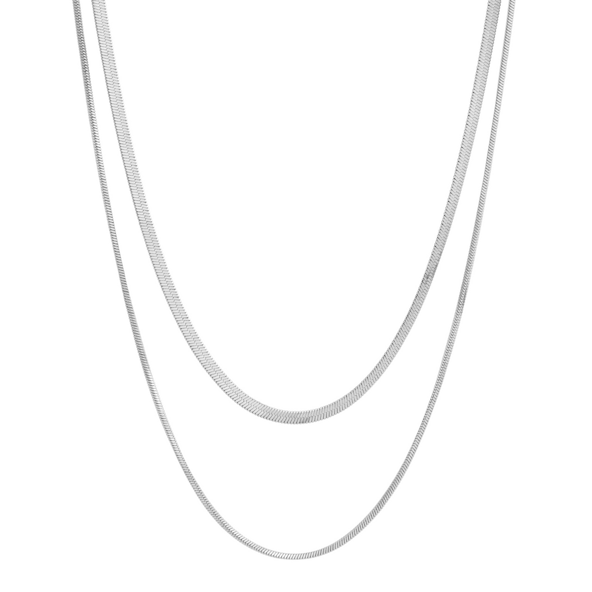 Two silver herringbone chain necklaces, one slightly longer than the other, laid vertically against a white background Serenade Necklace - Silver