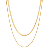 Two gold herringbone chain necklaces, one slightly longer than the other, laid vertically against a white background