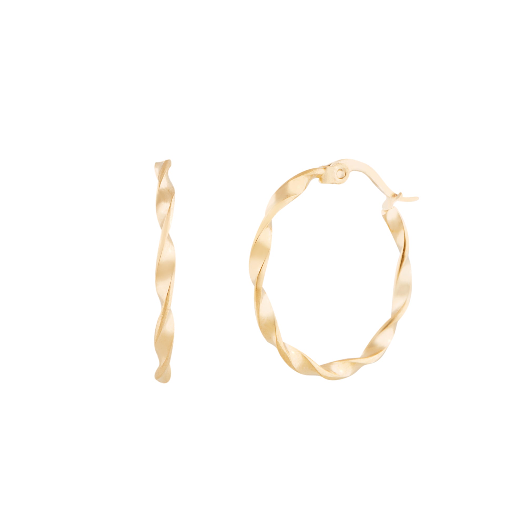 A pair of gold-colored metal hoop earrings on a white background