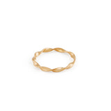   A gold ring with a twisted band on a white background.