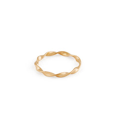   A gold ring with a twisted band on a white background.