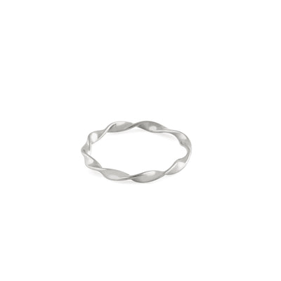 A silver ring with a twisted band on a white background.