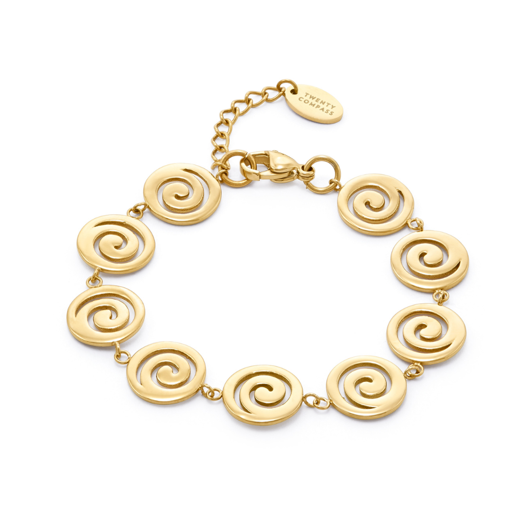 Gold spiral bracelet on a white background
