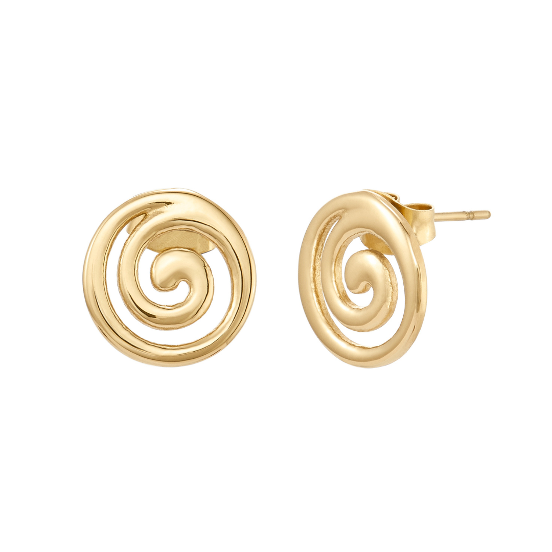 Gold spiral earrings on a white background