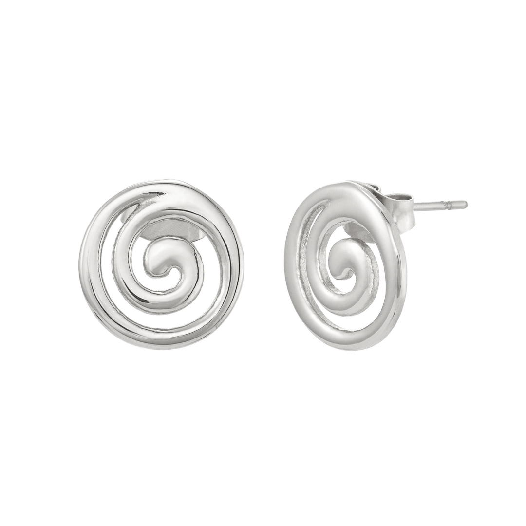 Silver spiral earrings on a white background