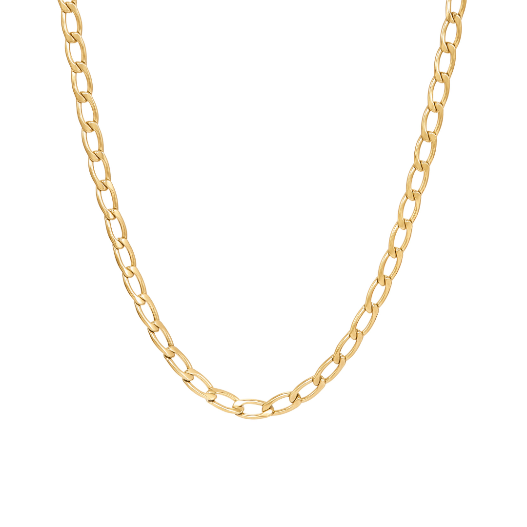 Gold chain necklace on a white background